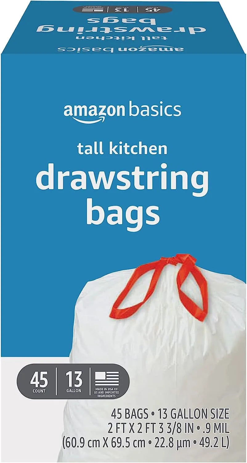 Amazon Basics Tall Kitchen Drawstring Trash Bags, 13 Gallon, Unscented, 120 Count (Previously Solimo)