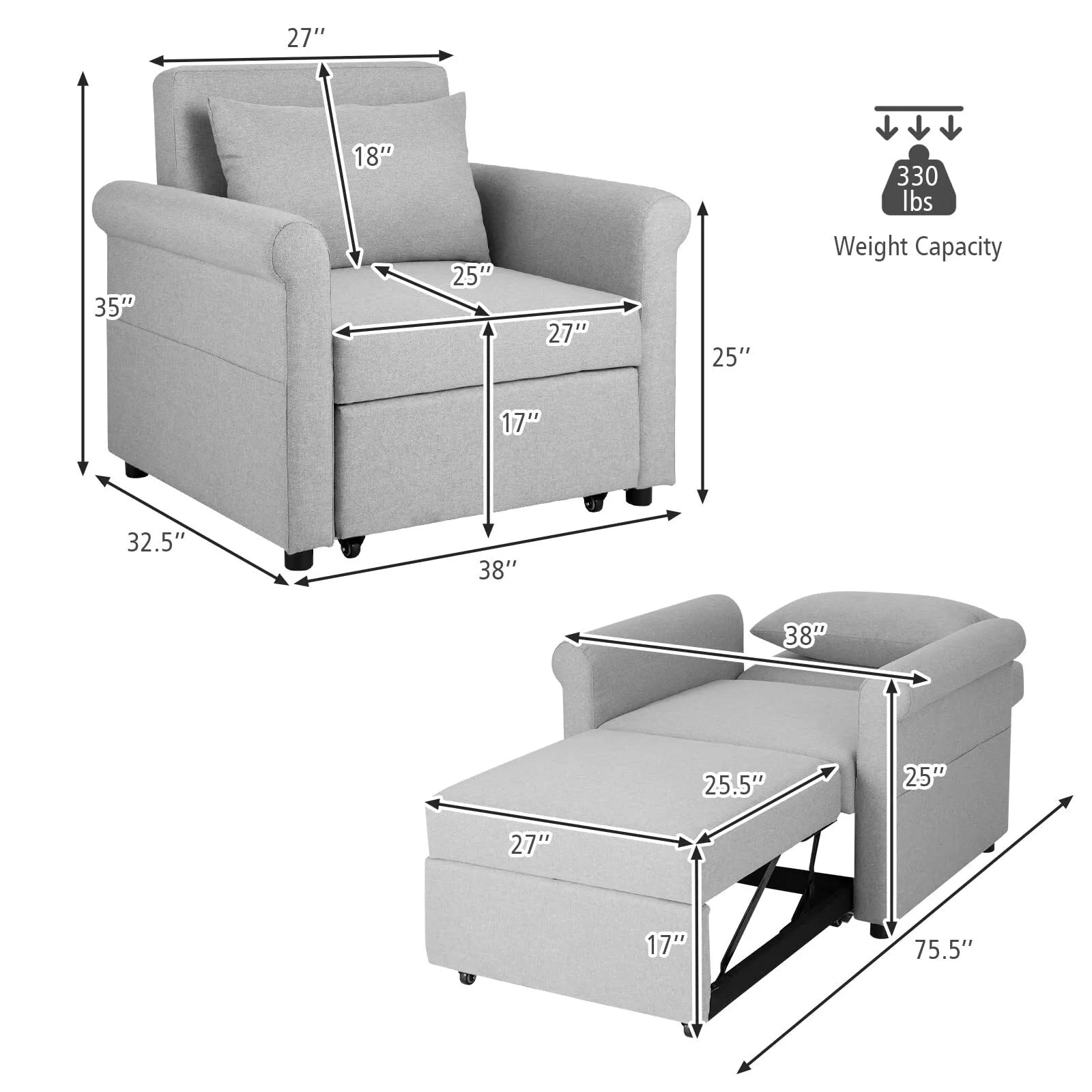 Convertible Sofa Sleeper - 3-in-1 Pull-Out Chair Bed, Adjustable Recliner Backrest