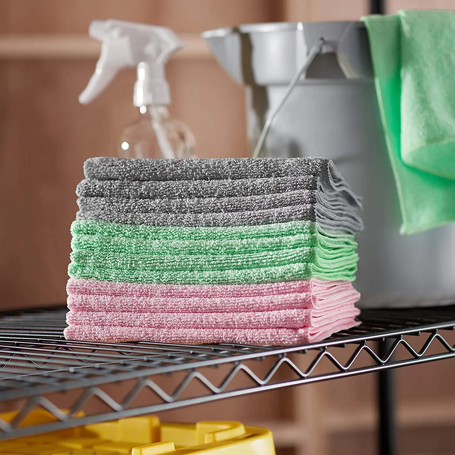 Basics Microfiber Cleaning Cloth, Non-Abrasive, Reusable and Washable, Pack of 48, Green/Gray/Pink, 16" x 12"