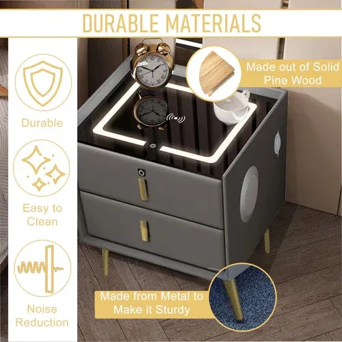 Smart Bedside Table Bedroom Bedside Cabinet with drawers Nightstand with Charging Station,Side End Table,Modern LED White Nightstand,2 Drawers,Metal Handles,USB