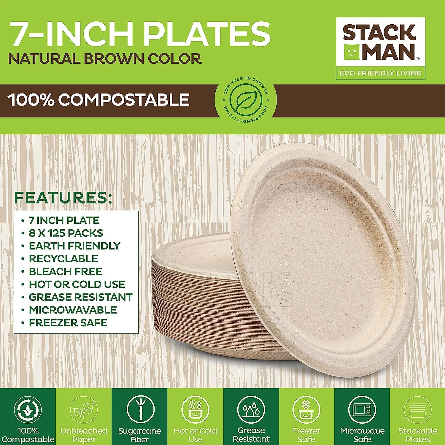100% Compostable Paper Plates 9 Inch [500 Count] Heavy-Duty Dinner Plates - Natural Brown Color Unbleached Bagasse - Eco-Friendly Disposable Biodegradable Sugarcane Plates - [Bulk Case 4/125 Pack]