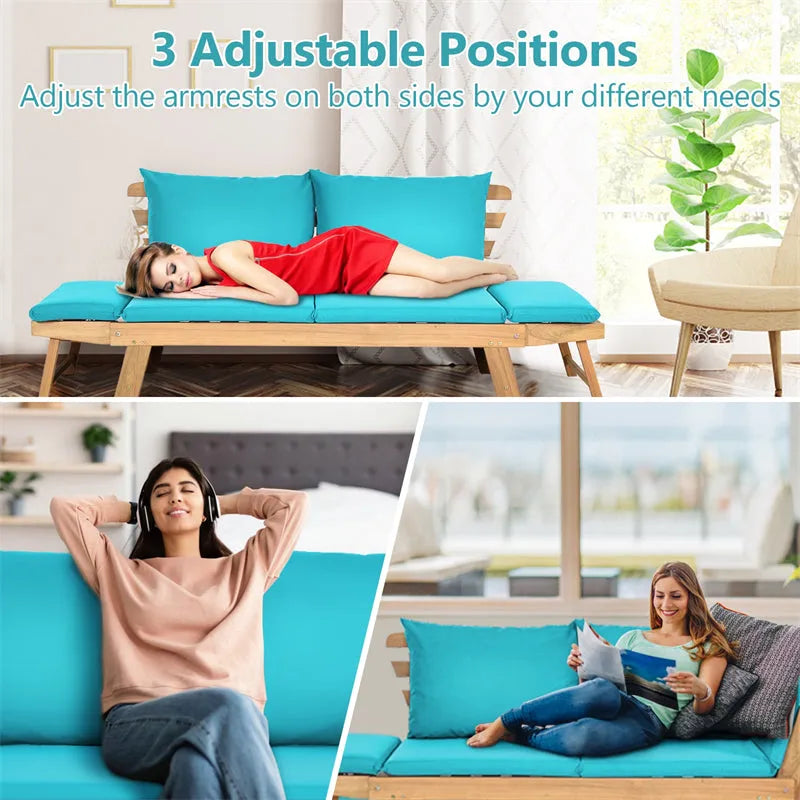 Outdoor Daybed Acacia Wood Convertible Couch Sofa Bed with Adjustable Armrest & Cushion