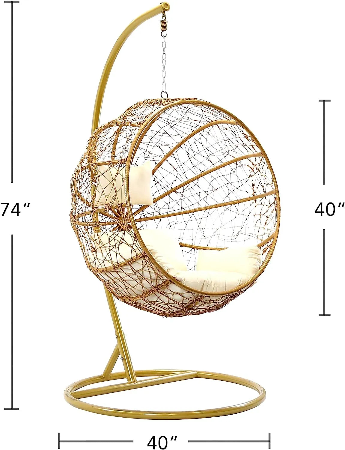 J.M.Deco Porch Swing Chair with Stand, Cushion & Pillow, Goldden Egg Rattan Wicker Swing Hanging Chair, Hammock Chair for Indoor, Outdoor, Garden, Backyard & Patio