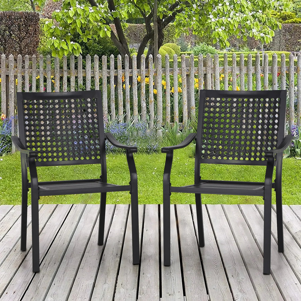 Outdoor Fixed Steel Dining Chairs with Bullseye Flower Pattern - Set of 2