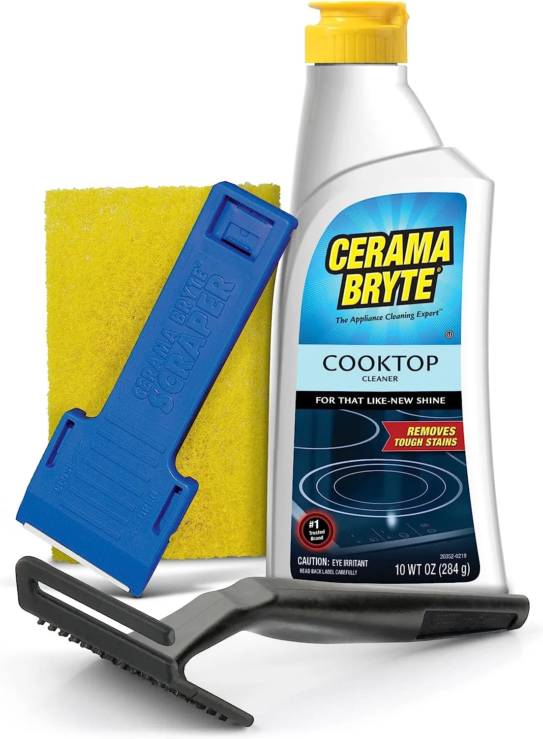 Cerama Bryte Combo Kit POW-R Grip, Scraper, Pad & Removes Tough Stains Cooktop and Stove Top Cleaner for Glass - Ceramic Surfaces, 10 Ounces, 4 Piece