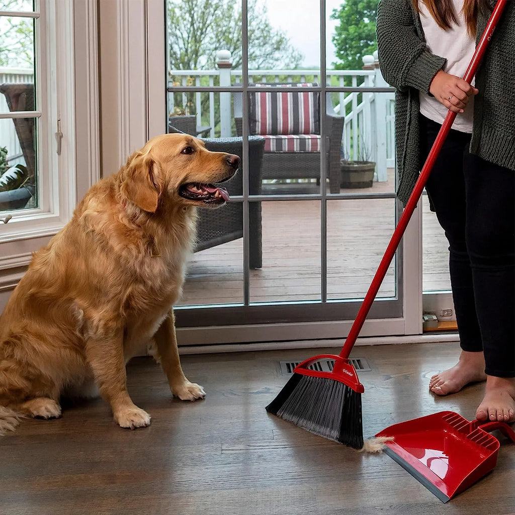 O-Cedar Pet Pro Broom & Step-On Dustpan PowerCorner, Red