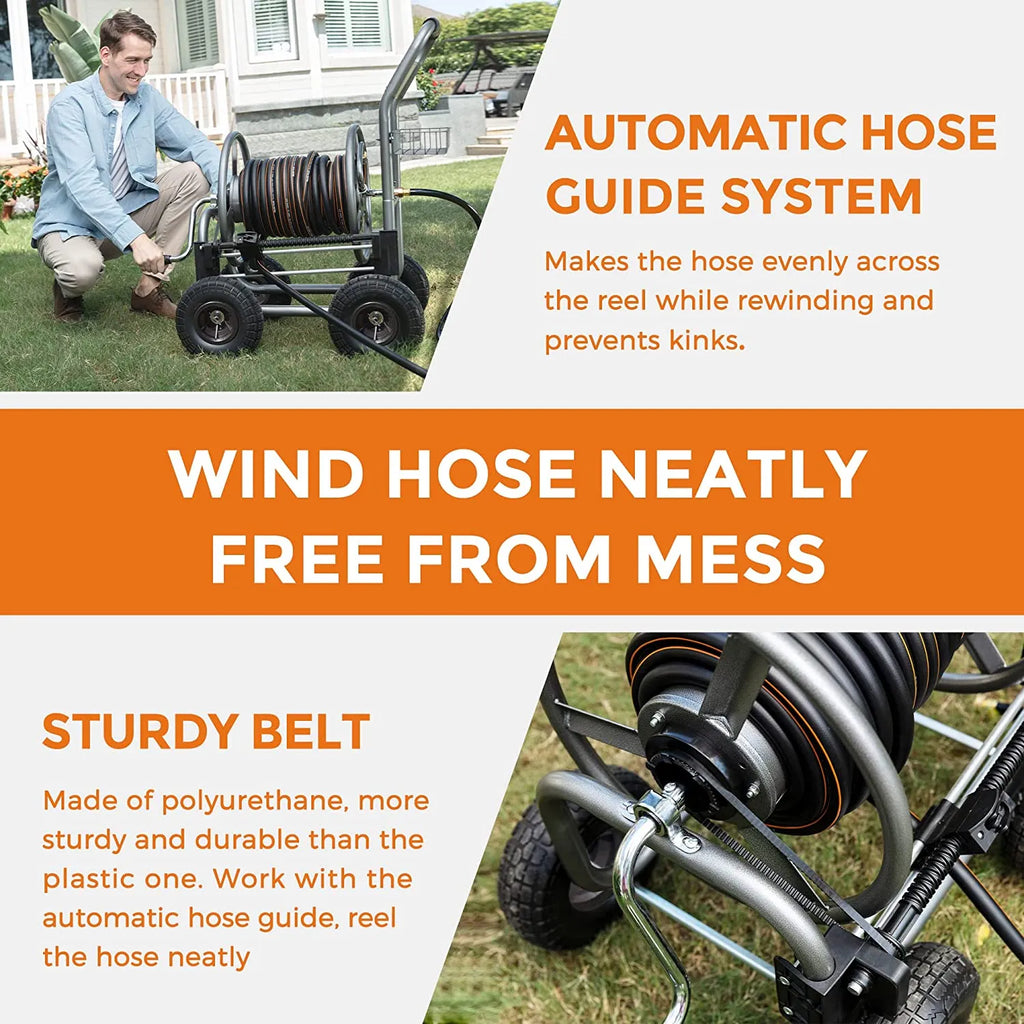 Hose Reel Cart, Hose Reel Cart with Wheels Heavy Duty, Industrial Hose Reels for Outside, 250-Feet of 5/8" Hose Capacity, Hose Guide Installed