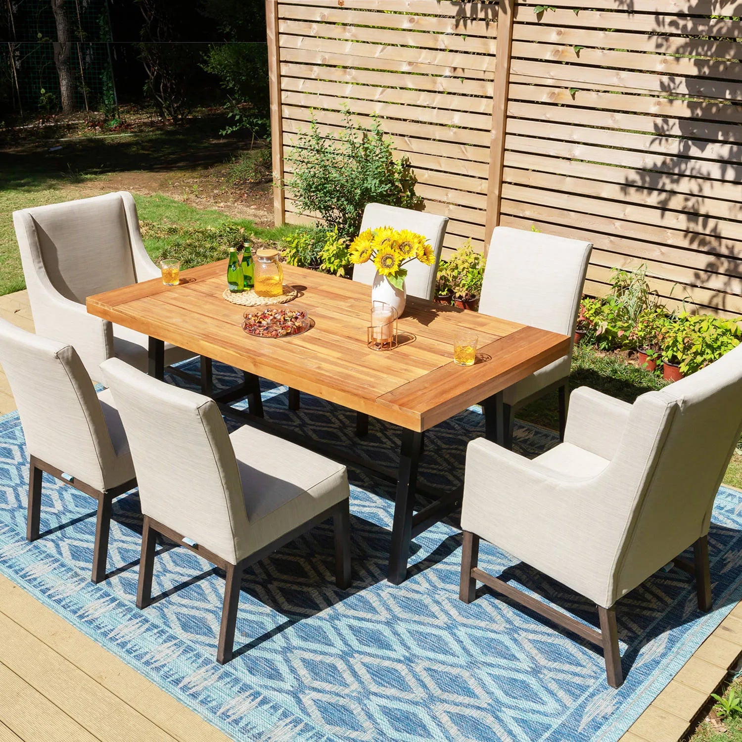 Patio Dining Set with Textilene Chairs/ Acacia Wooden Bench & Acacia Wooden Table