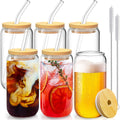 6 Pcs Drinking Glasses with Bamboo Lids and Glass Straw - 16 Oz Can Shaped Glass Cups Beer Glasses Ice Coffee Glasses Cute Tumbler Cup Great for Soda Boba Tea Cocktail Include 2 Cleaning Brushes