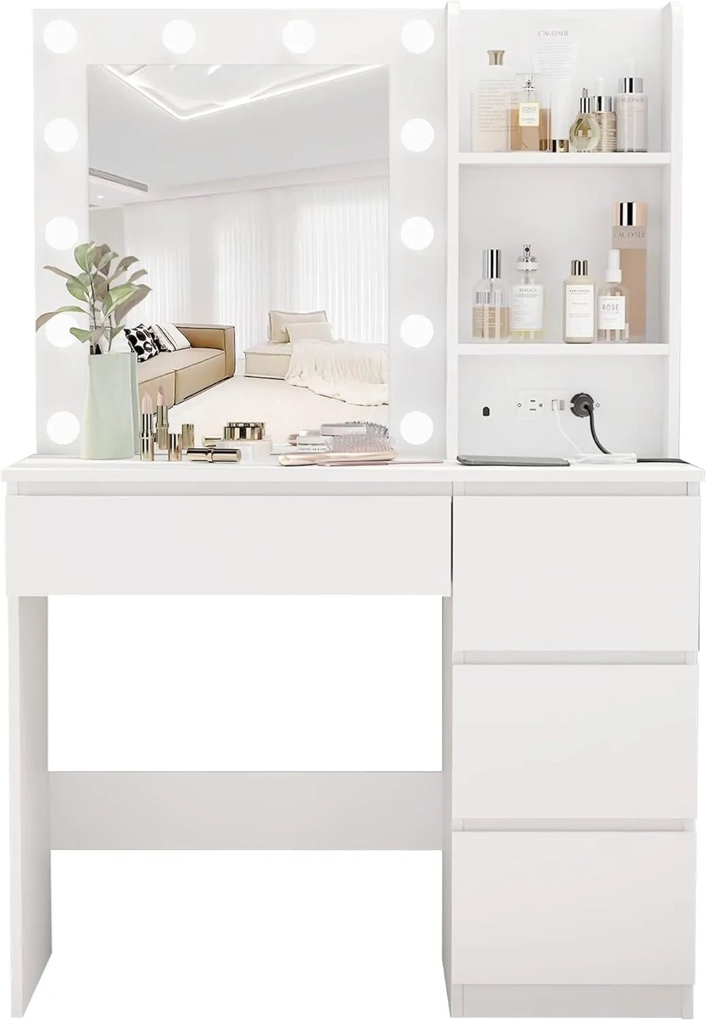 Vabches Makeup Vanity with Lights, 37inch Vanity Desk with Power Strip, 4 Drawers Makeup Table with Lighted Mirror, 3 Lighting Colors, White