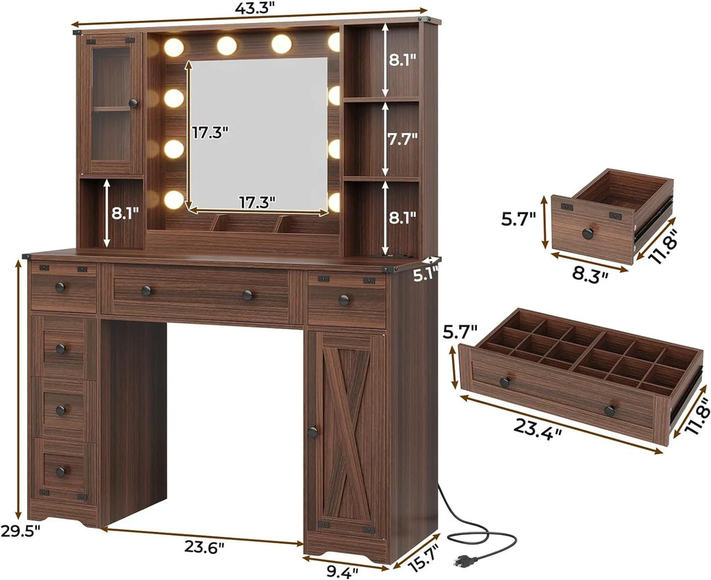 DICTAC Farmhouse Makeup Vanity Desk with Mirror and Lights, Large Vanity Table with Charging Station, 43'' Bedroom Dressing Table with 6 Drawers & 2 Cabinets, 3 Color Lighting Modes, Brown