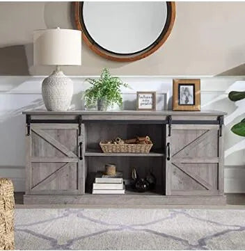 BELLEZE Modern Farmhouse TV Stand & Media Entertainment Center Console Table for TVs up to 65 Inch with Sliding Barn Door and Storage Cabinets - Truman (Stone Grey)