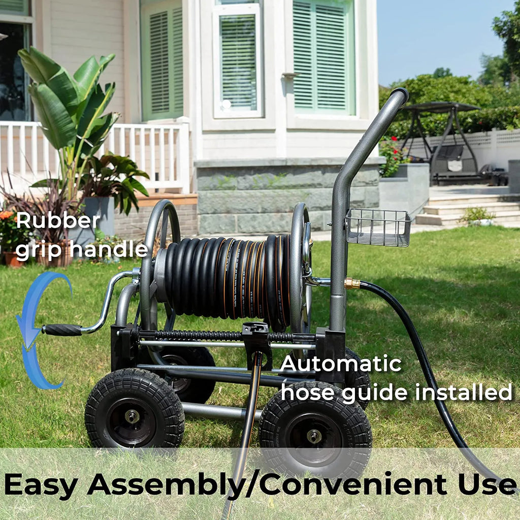 Hose Reel Cart, Hose Reel Cart with Wheels Heavy Duty, Industrial Hose Reels for Outside, 250-Feet of 5/8" Hose Capacity, Hose Guide Installed