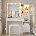 Makeup Vanity Desk with Mirror and Lights, White Vanity Table Set with Charging Station, LED Cabinet, 5 Drawers & Side Storage Bag, 3 Lighting Modes, Bedroom with Chair