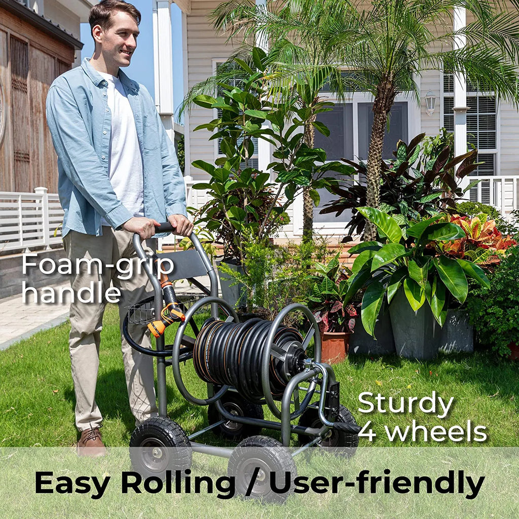 Hose Reel Cart, Hose Reel Cart with Wheels Heavy Duty, Industrial Hose Reels for Outside, 250-Feet of 5/8" Hose Capacity, Hose Guide Installed