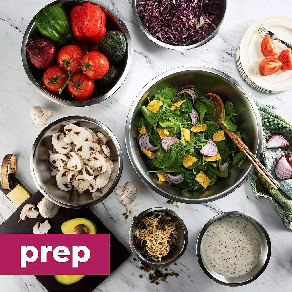 FineDine Stainless Steel Mixing Bowls (Set of 6) - Easy To Clean, Nesting Bowls for Space Saving Storage, Great for Cooking, Baking, Prepping