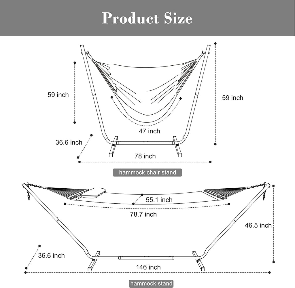 55 Inch Extra Large Double Hammock with Stand, 475lbs Capacity, Outdoor Portable Hammock with Hardwood Spreader Bar, Extra Large Pillow