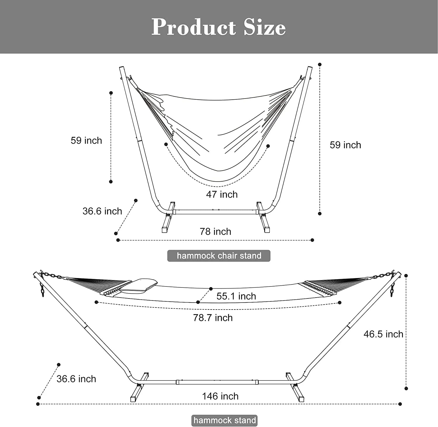 55 Inch Extra Large Double Hammock with Stand, 475lbs Capacity, Outdoor Portable Hammock with Hardwood Spreader Bar, Extra Large Pillow