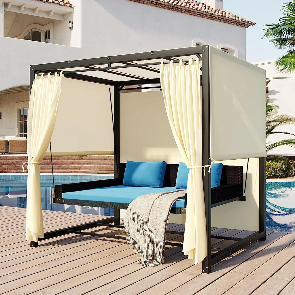 Merax 3-Seat Patio Swing Bed,Outdoor Porch Chair with Adjustable Canopy and Durable Steel Frame for Patio, Garden, Poolside Dark Grey