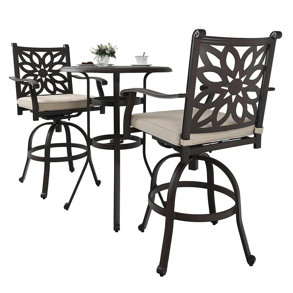 Cast Aluminum Patio Outdoor Pub Height Swivel Bistro Bar Stools Chairs & Table
