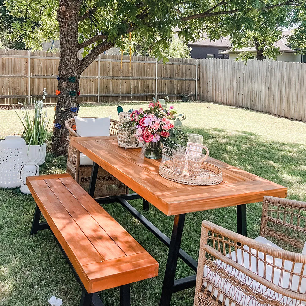 Patio Modern Acacia Wood Dining Set Outdoor Bench Picnic Table