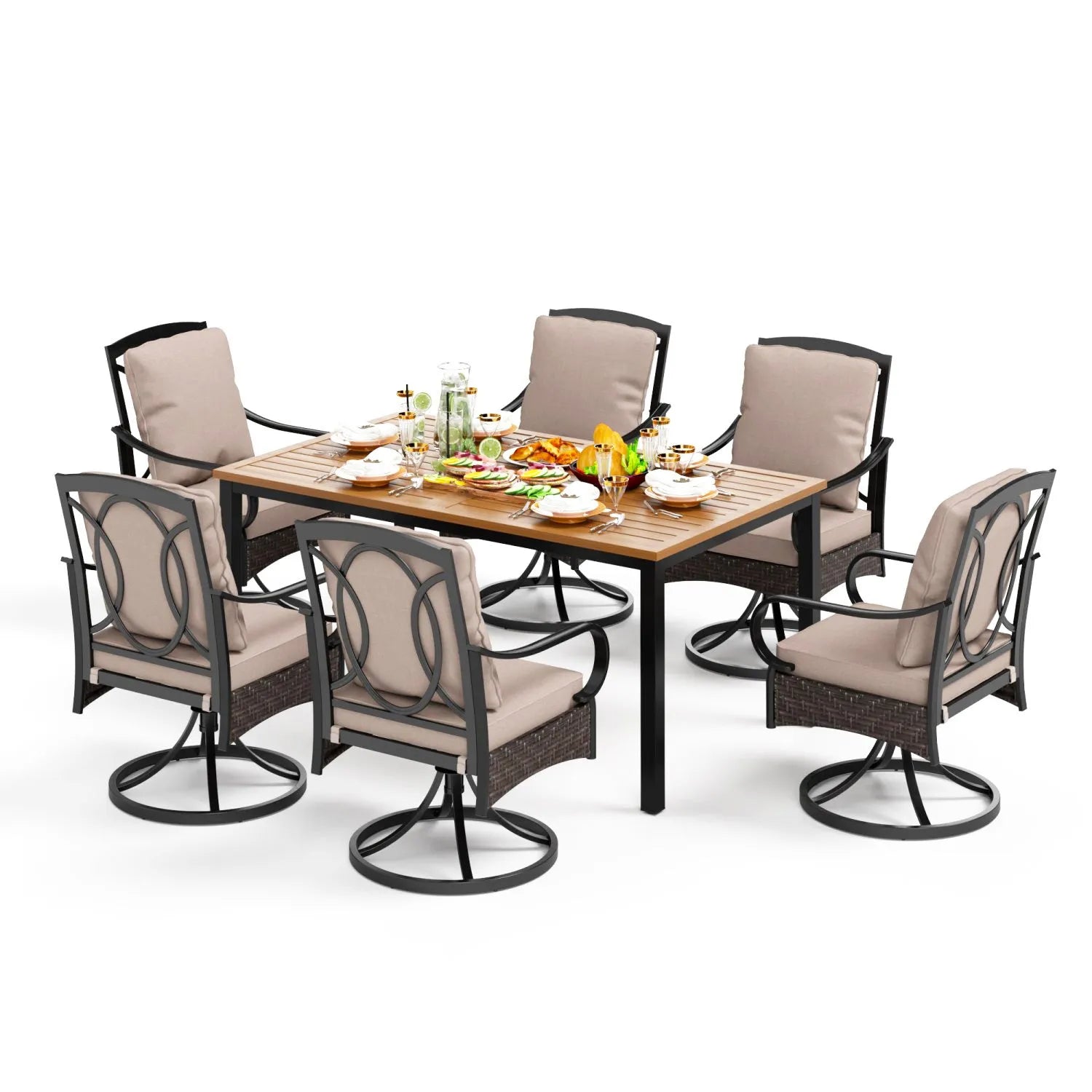 7-Piece Patio Dining Set With 6 Cushioned Steel & Rattan Chairs and Rectangle Table