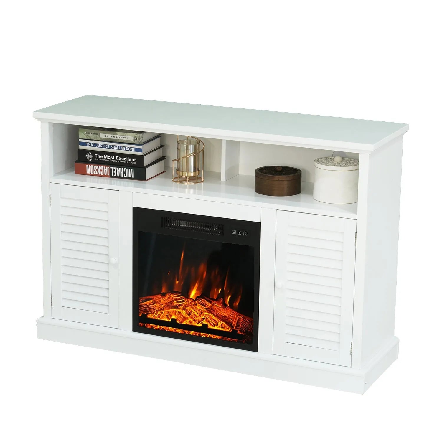47" 1400W Electric Fireplace TV Stand Heater with Built-In Bookshelves and Cupboards - White