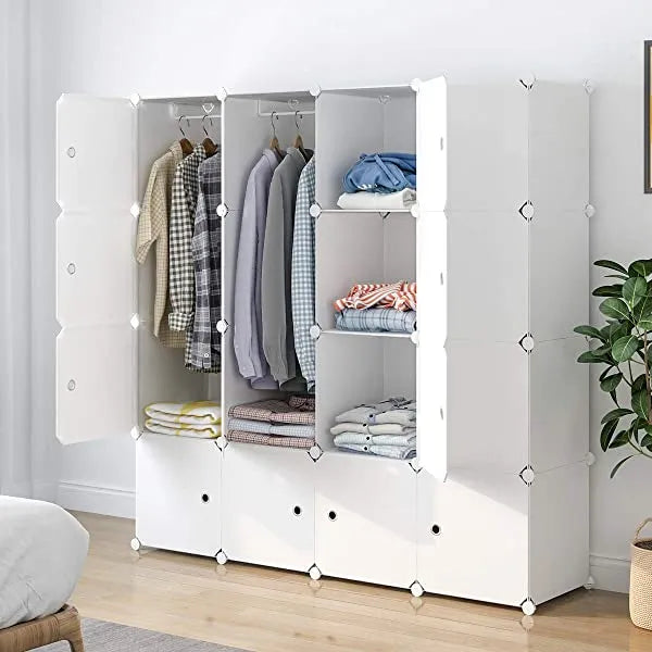 Aeitc Portable Wardrobe Closets 14"x18" Depth Cube Storage, Bedroom Armoire, Storage Organizer with Doors, 12 Cubes, White