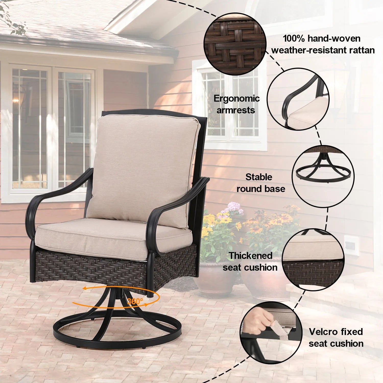 7-Piece Patio Dining Set With 6 Cushioned Steel & Rattan Chairs and Rectangle Table