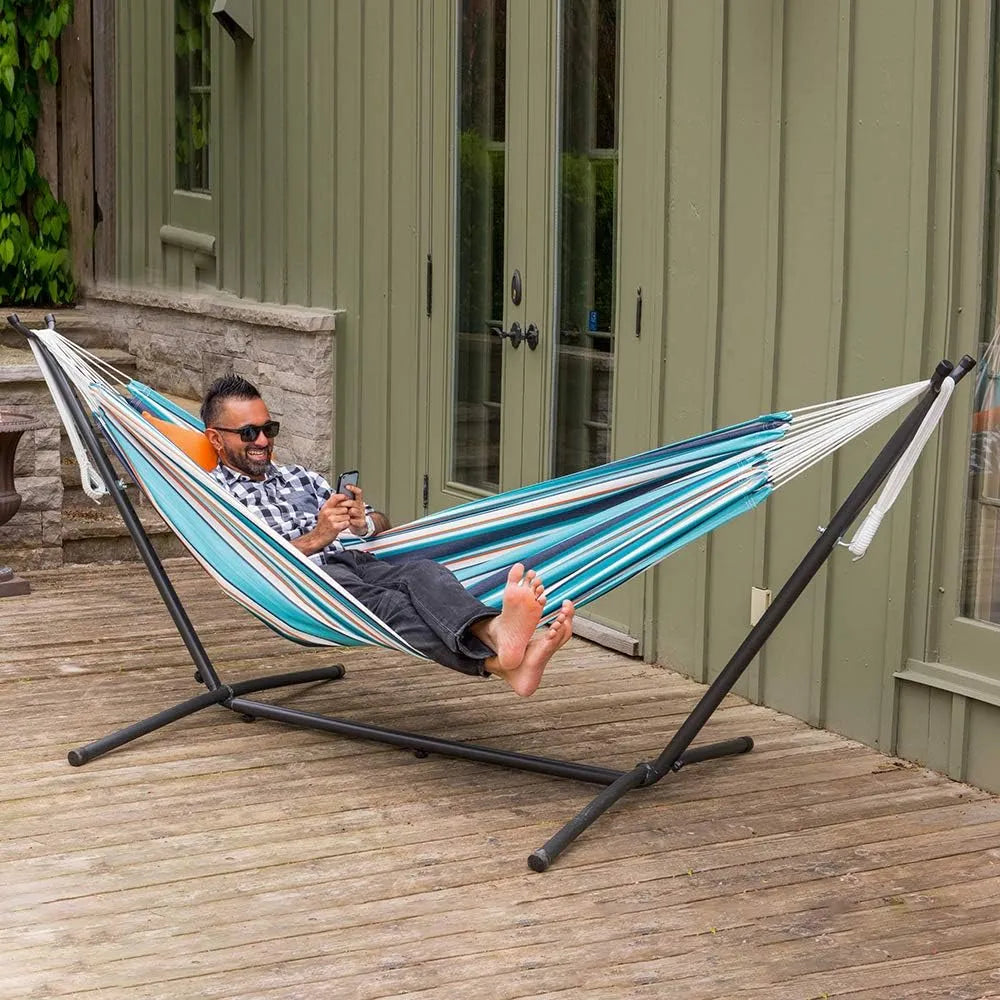 Double Cotton Hammock with Space Saving Steel Stand, Tropical (450 lb Capacity - Premium Carry Bag Included)