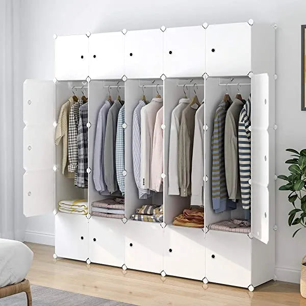 Aeitc Portable Wardrobe Closets 14"x18" Depth Cube Storage, Bedroom Armoire, Storage Organizer with Doors, 12 Cubes, White