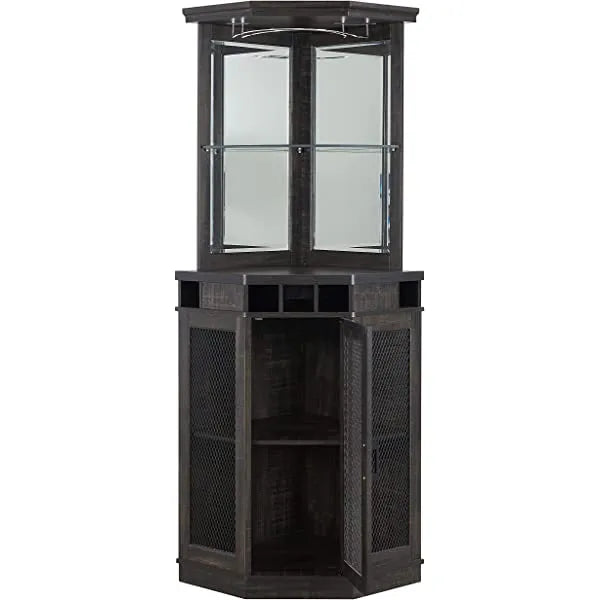 Home Source Stone Grey Corner Bar Unit with Built-in Wine Rack and Lower Cabinet