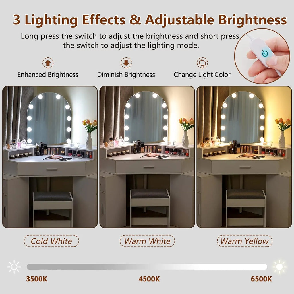 usikey Corner Vanity Desk with Mirror and Lights, Makeup Vanity Table with Charging Station, 3 Drawers & Retractable Side Cabinets, Vanity Desk with Cushioned Stool for Christmas Day, White