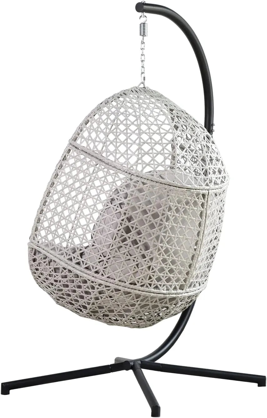 PRIVATE GARDEN Large Hanging Egg Chair with Stand Upgraded Wicker Egg Swing Chair Outdoor Indoor PE Rattan Hanging Chair with Grey Comfort Cushion Heavy Duty C-Stand