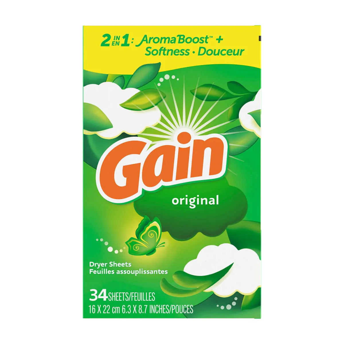 Gain Fabric Softener Dryer Sheets With 2-In-1 Aromaboost Plus Softness - Original Scent, 34 Ct