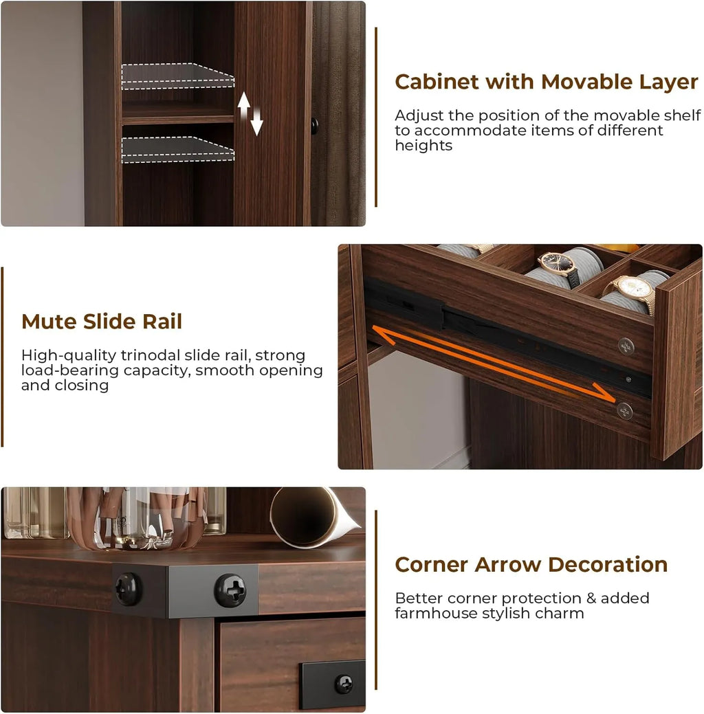 DICTAC Farmhouse Makeup Vanity Desk with Mirror and Lights, Large Vanity Table with Charging Station, 43'' Bedroom Dressing Table with 6 Drawers & 2 Cabinets, 3 Color Lighting Modes, Brown