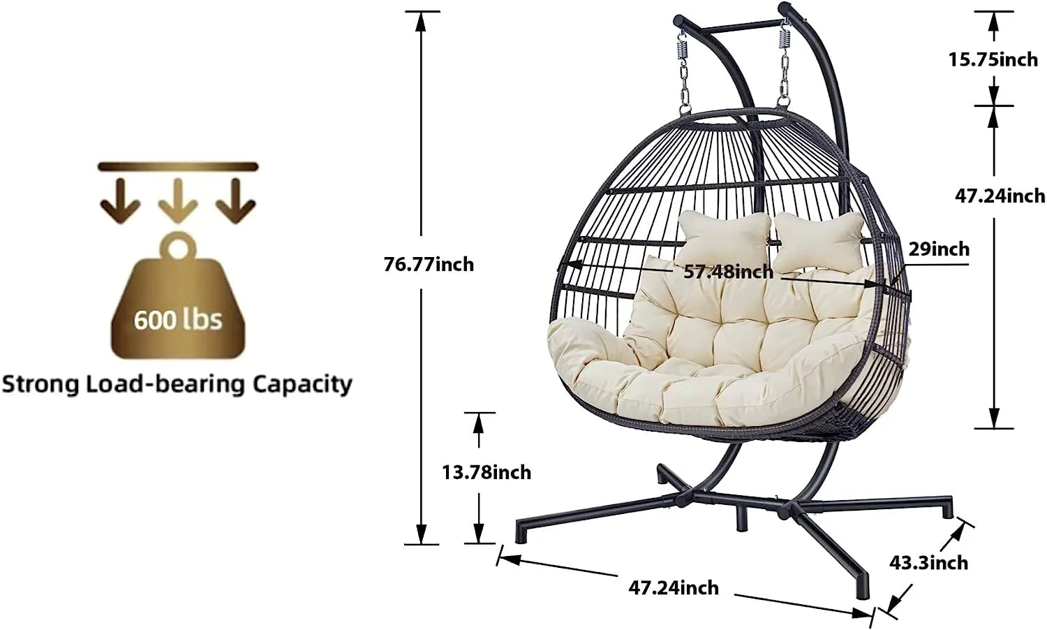 Hanging Egg Chair with Stand, 2 Person Heavy Duty Hanging Wicker Rattan Swing Chair Basket Hammock Nest Chair Seat for Indoor Outdoor Patio Lounger Swinging Loveseat (Beige)
