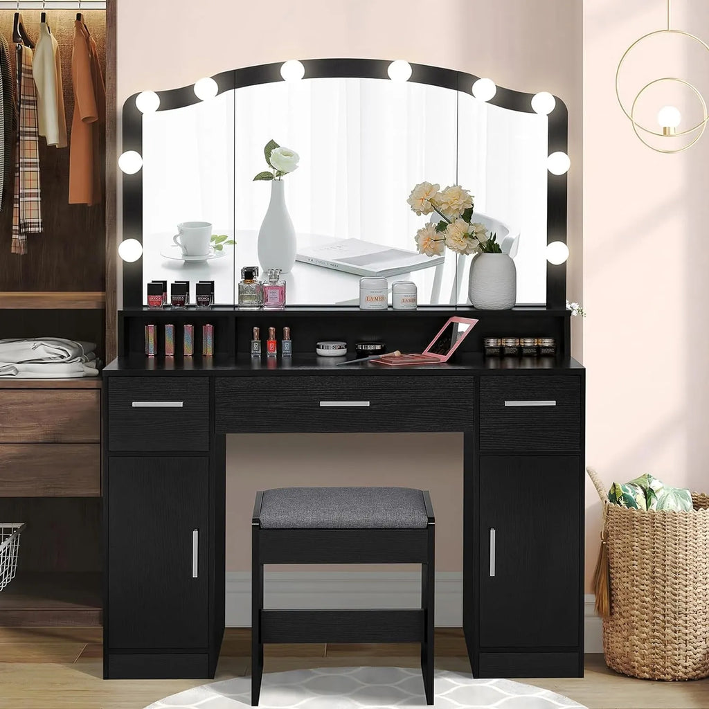 usikey Large Vanity Set with Large Lighted Mirror, Modern Makeup Vanity Table with 3 Drawers, 2 Storage Cabinets & 10 LED Bulbs, Dressing Table with Cushioned Stool for Women, Bedroom, Black