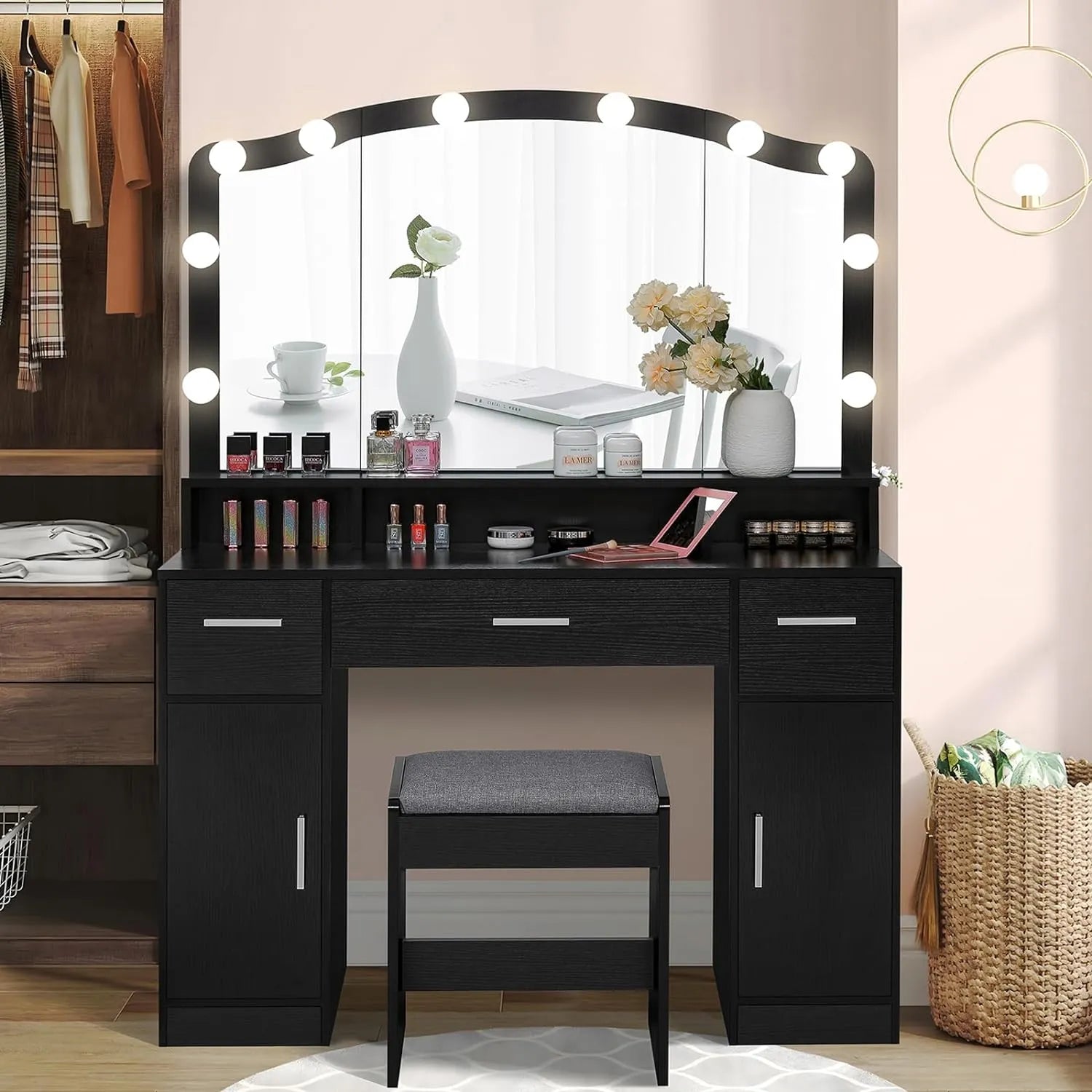 usikey Large Vanity Set with Large Lighted Mirror, Modern Makeup Vanity Table with 3 Drawers, 2 Storage Cabinets & 10 LED Bulbs, Dressing Table with Cushioned Stool for Women, Bedroom, Black