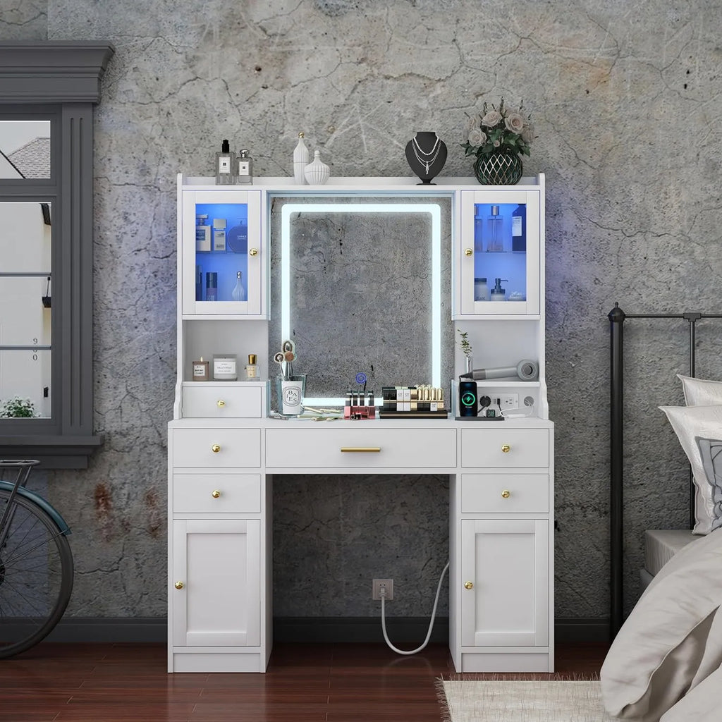 Dnxao Large Make up Vanity Desk with Mirror and Lights,3 Lights Mode and Brightness Adjusted by Touch Button, Built-in Power Strip and 6 Drawers,4 cabinets,2 cabinets with RGB Lights