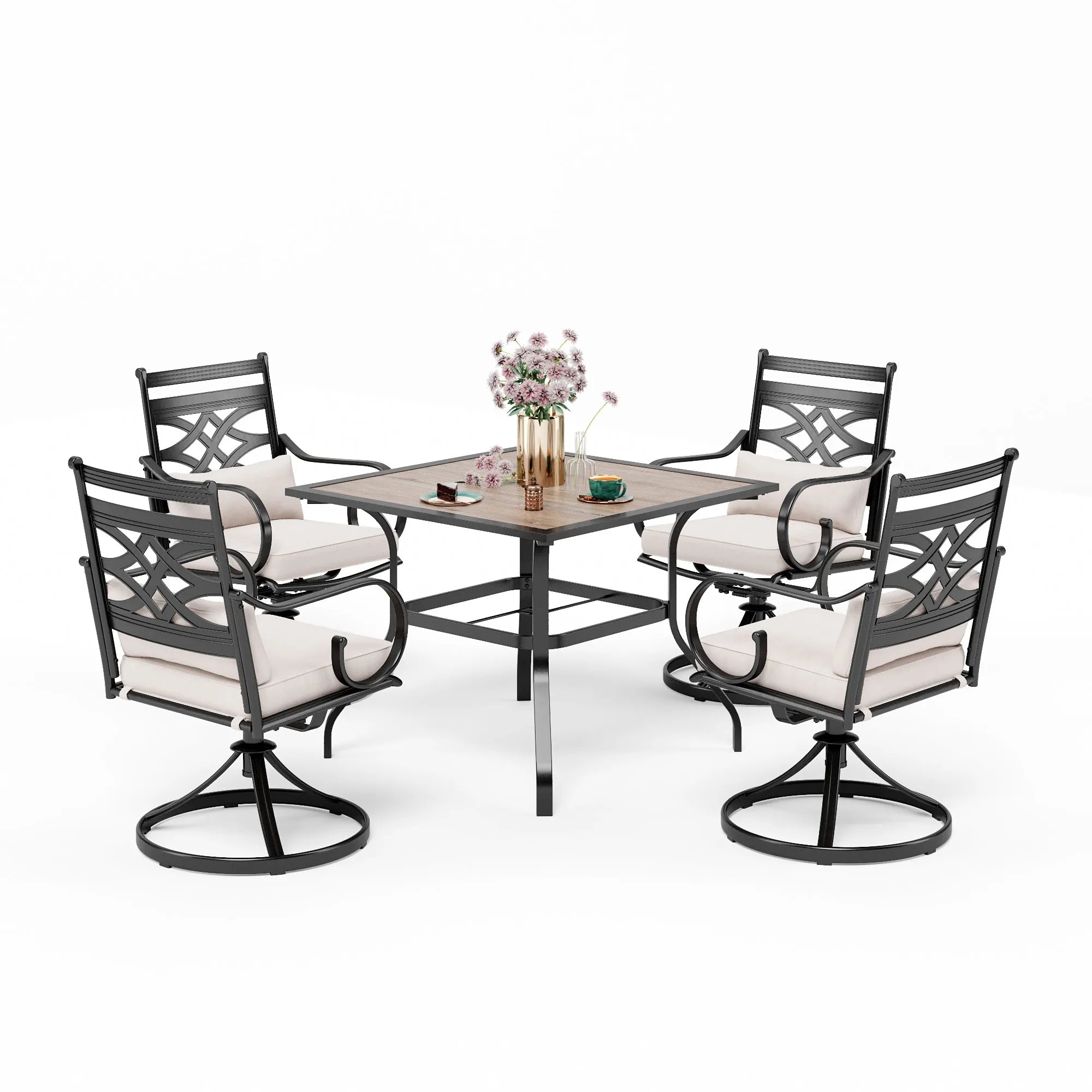 5-Piece Outdoor Dining Set 4 Swivel Steel Chairs and Square Table