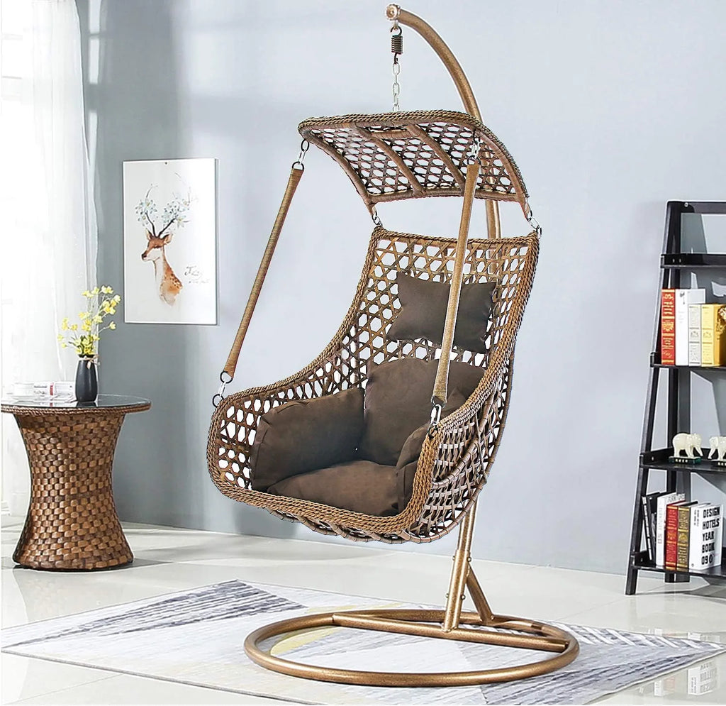 J.M.Deco Porch Swing Chair with Stand, Cushion & Pillow, Goldden Egg Rattan Wicker Swing Hanging Chair, Hammock Chair for Indoor, Outdoor, Garden, Backyard & Patio