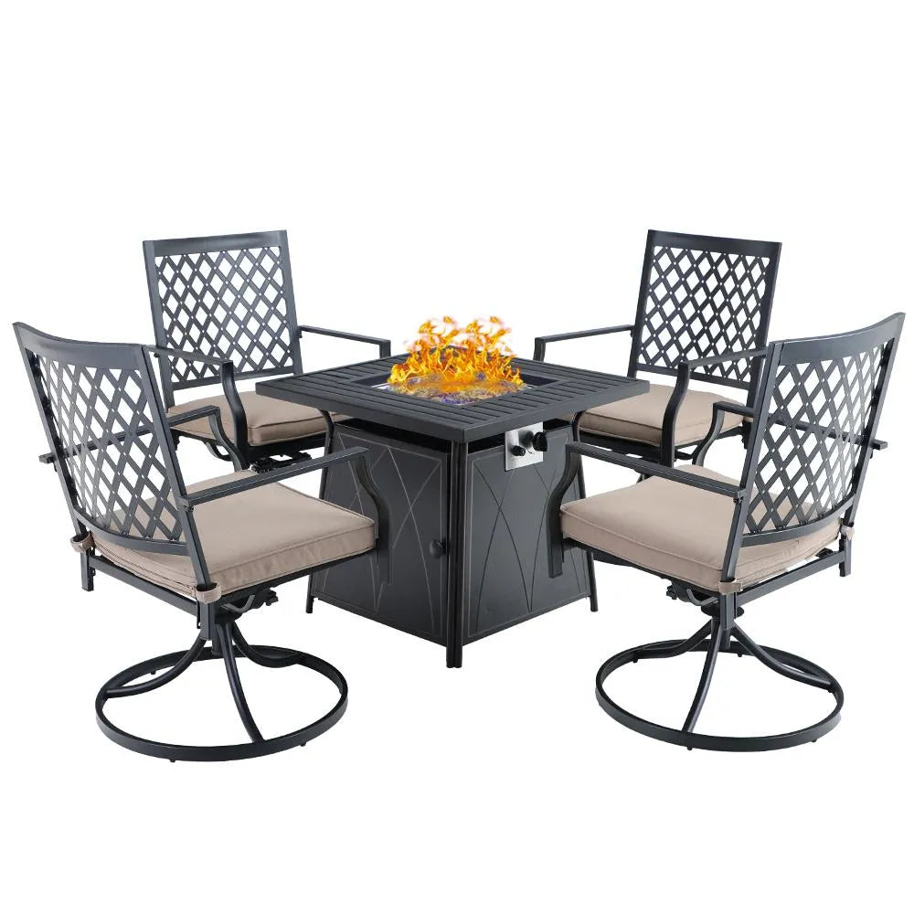 5-Piece Patio Fire Pit Set Steel Swivel Chairs With Cushions & 50,000BTU Square Fire Pit Table