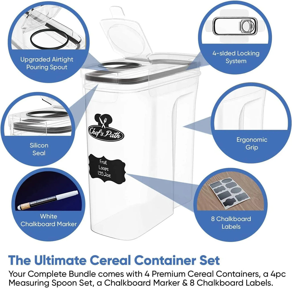 Chef's Path Cereal Containers Storage Set, Airtight Food Storage Containers, Kitchen & Pantry Organization, 8 Labels, Spoon Set & Pen, Great for Flour - BPA-Free Dispenser Keepers (135.2oz)