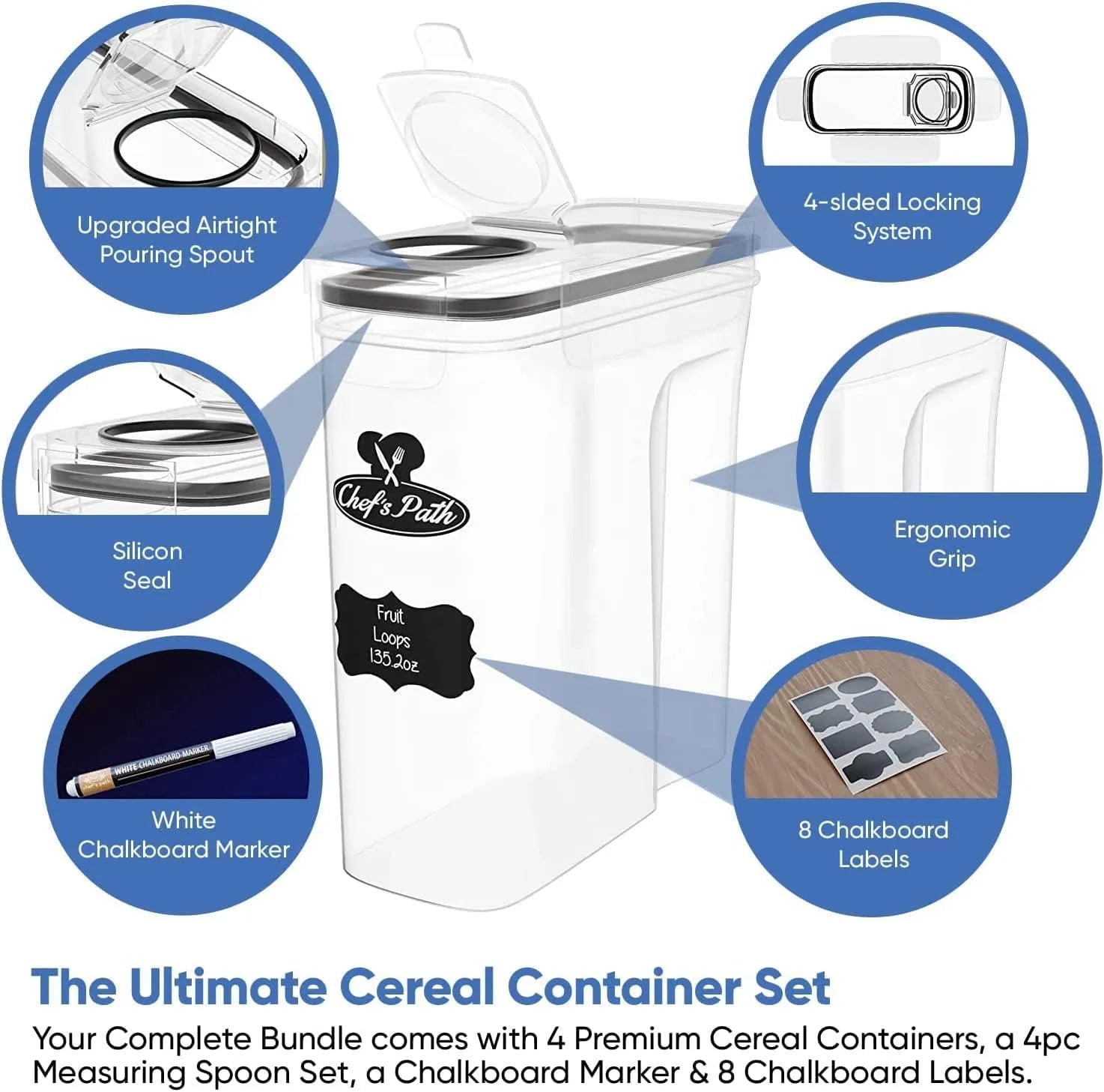 Chef's Path Cereal Containers Storage Set, Airtight Food Storage Containers, Kitchen & Pantry Organization, 8 Labels, Spoon Set & Pen, Great for Flour - BPA-Free Dispenser Keepers (135.2oz)