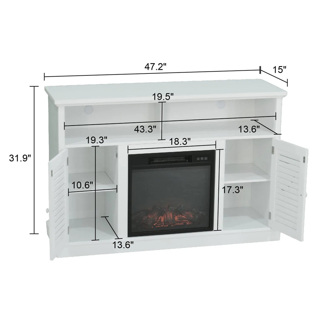 47" 1400W Electric Fireplace TV Stand Heater with Built-In Bookshelves and Cupboards - White