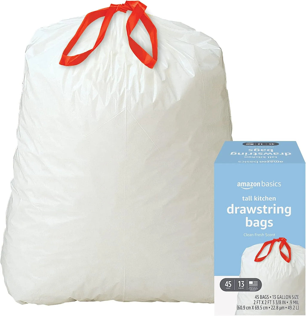 Amazon Basics Tall Kitchen Drawstring Trash Bags, 13 Gallon, Unscented, 120 Count (Previously Solimo)