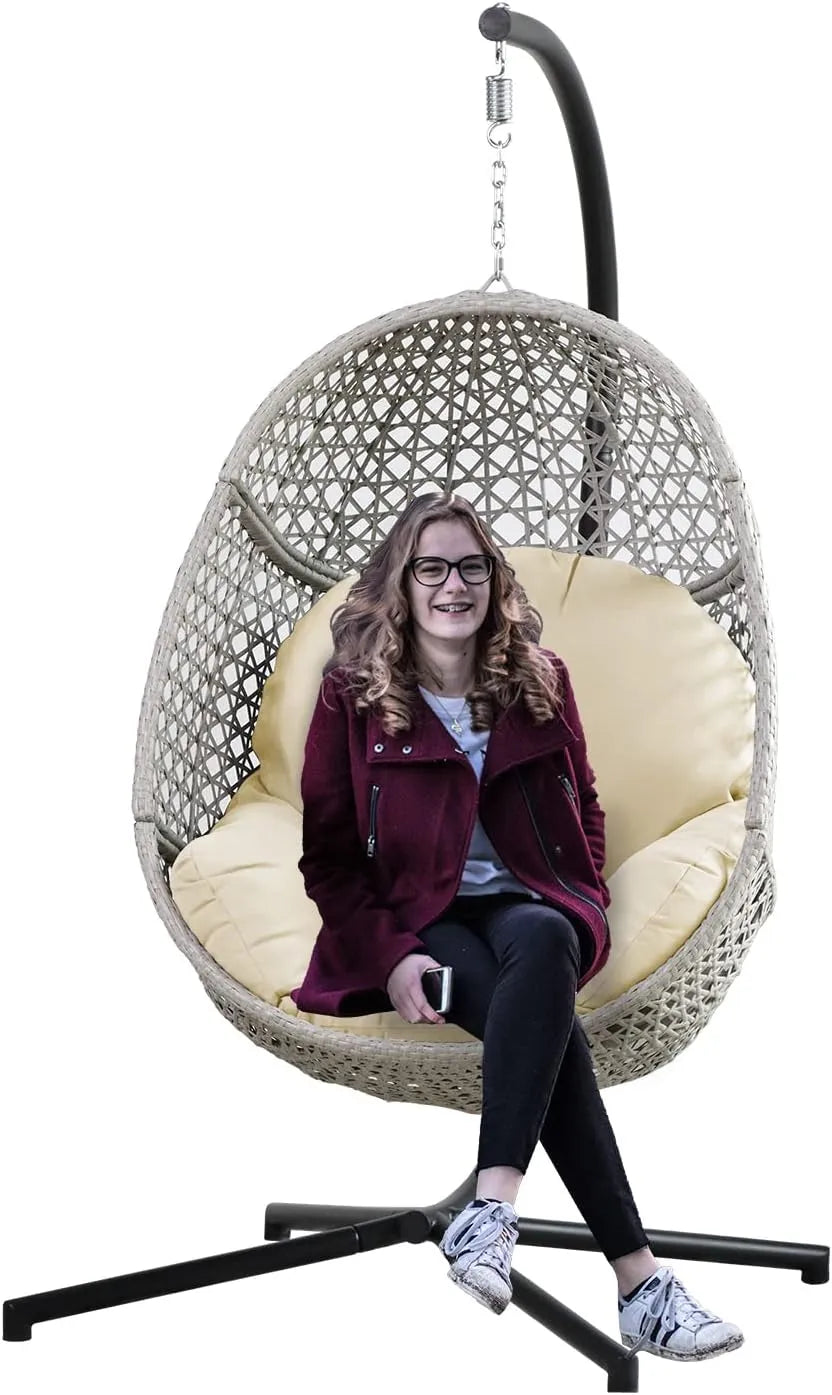PRIVATE GARDEN Large Hanging Egg Chair with Stand Upgraded Wicker Egg Swing Chair Outdoor Indoor PE Rattan Hanging Chair with Grey Comfort Cushion Heavy Duty C-Stand