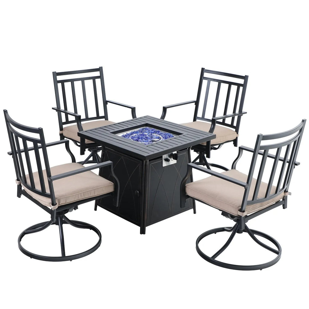 5-Piece Patio Fire Pit Set Steel Swivel Chairs With Cushions & 50,000BTU Square Fire Pit Table