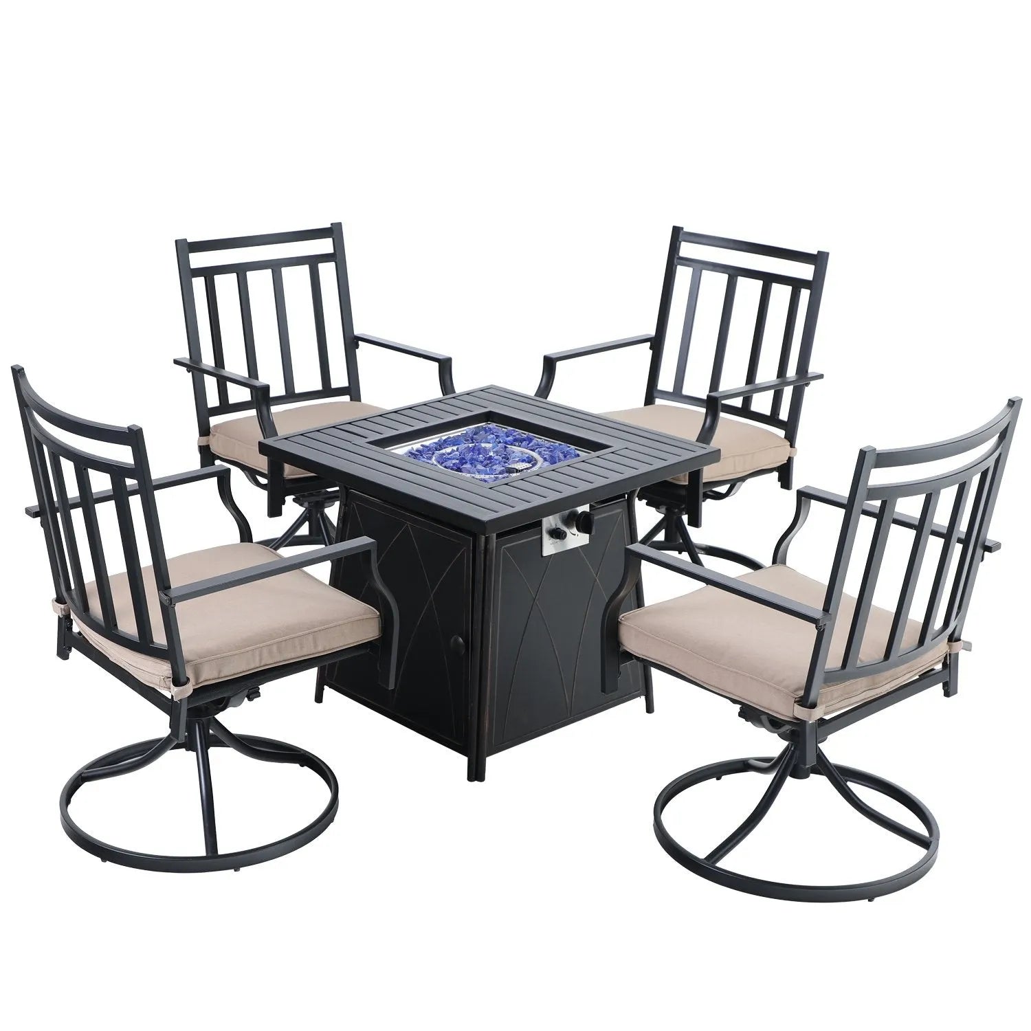 5-Piece Patio Fire Pit Set Steel Swivel Chairs With Cushions & 50,000BTU Square Fire Pit Table